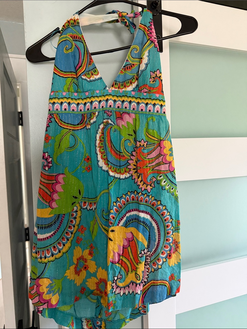 Trina Turk Turquoise Multicolor Paisley Halter Dress